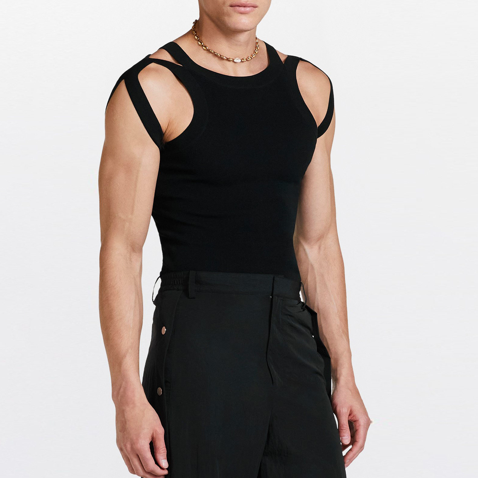 vest stretch-fit top 镂空针织背心 欧美弹力修身上衣 个性T恤男