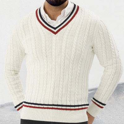 Men's color blocked sweater V-neck long sleeved knitted top