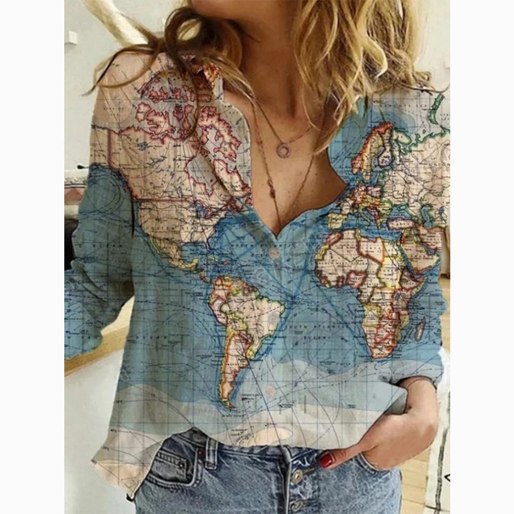 地图印花长袖衬衫女 Women Lapel Map Print Long Sleeve Shirts
