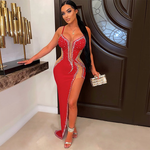 sexy party dress red欧美风烫钻性感吊带网纱透视长裙连衣裙聚会