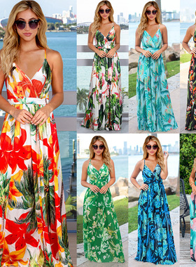 吊带裙women's V neck long beach dress shoulder-straps skirt