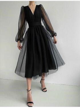 Black Dress Women's Small 2021 New Summer Ruffles V-neck xl