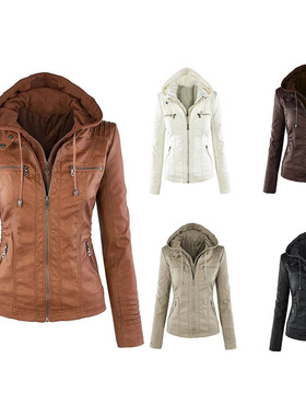 Women's Jacket Hood zipper ladies Leather coat女连帽皮衣夹克