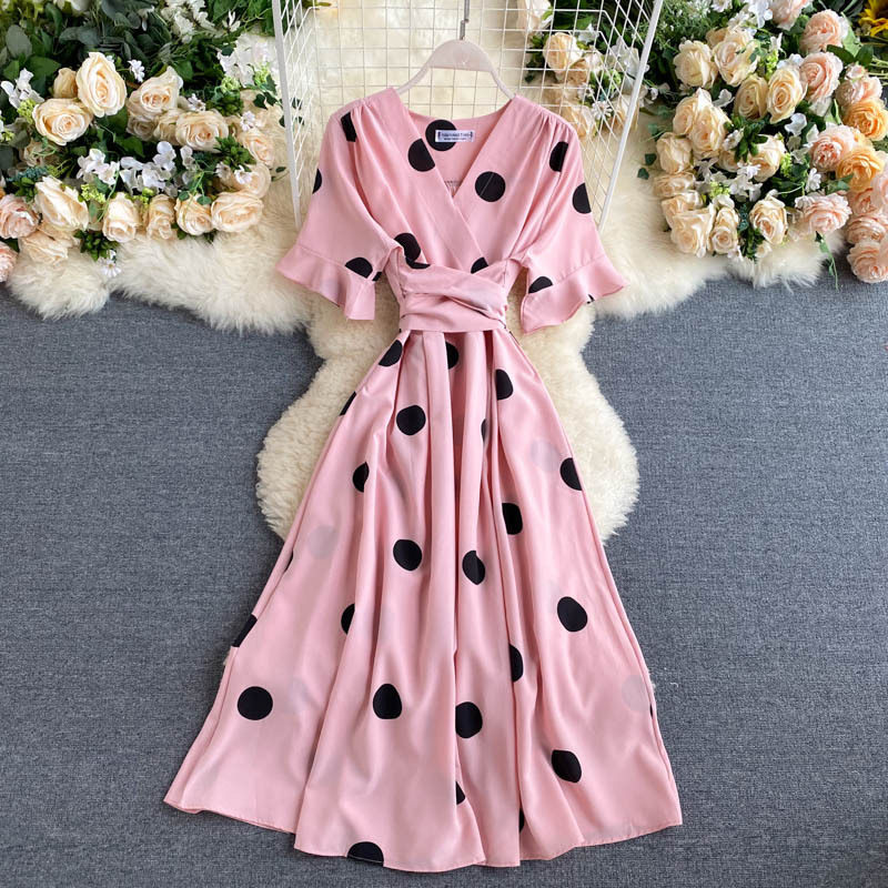Big polka dot V-neck tie up dress大波点V领绑带修身连衣裙女款