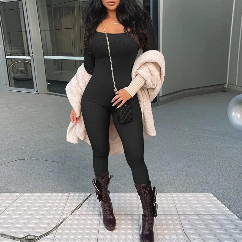 Hip lifting slim fit sexy jumpsuit螺纹方领提臀修身性感连体裤