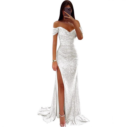 Ladies' party sequin one neck slit dress女士一字领开叉连衣裙