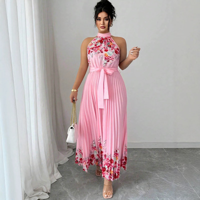 women's hanging neck sleeveless floral print long dresses