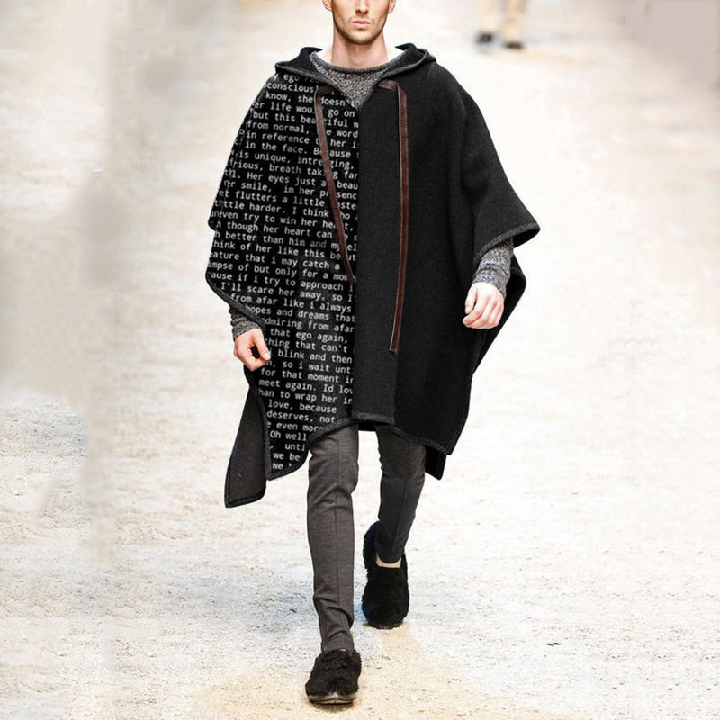 民族风宽松休闲斗篷披肩套头披风毛呢外套男潮Mens cloak jacket