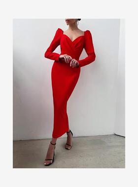 InstaHot Elegant Party Women Dress Slim V Neck Long Sleeve M