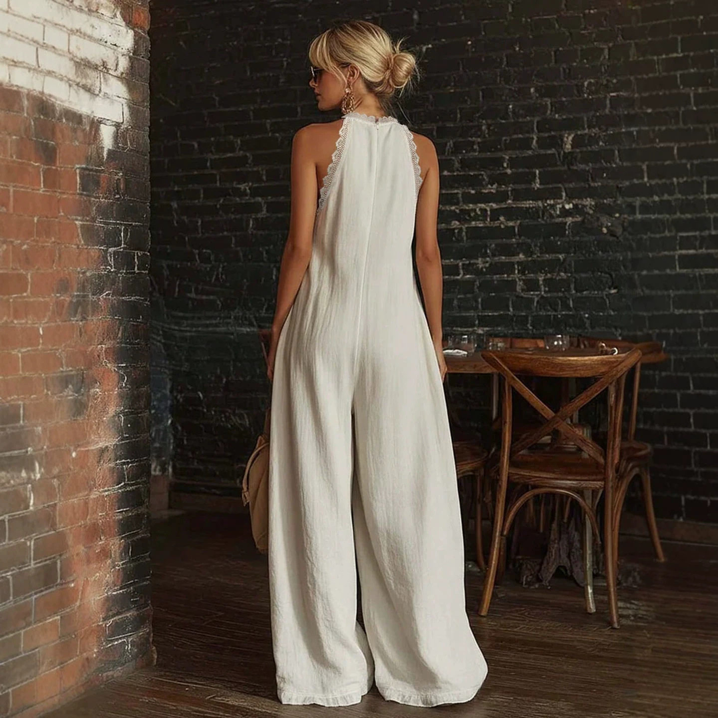 Casual lace trimmed loose linen jumpsuits 女蕾丝边亚麻连体裤