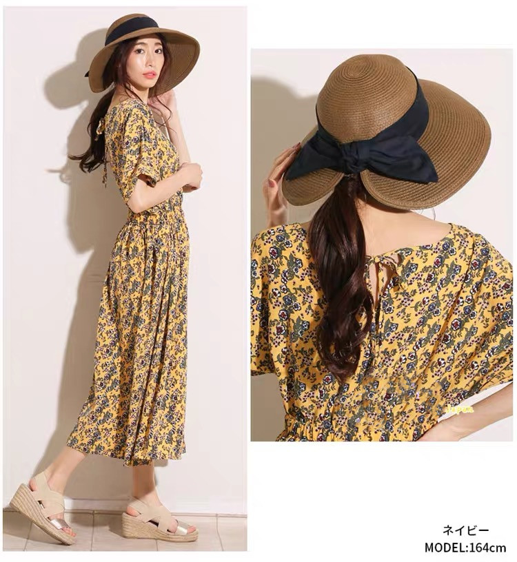 女士折叠草帽出口日本后开叉蝴蝶结夏季遮阳帽UV CUT防晒帽