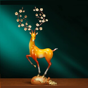 一件发黄铜梅花鹿摆件彩绘一路有财国潮办公室桌面金属装饰工艺品