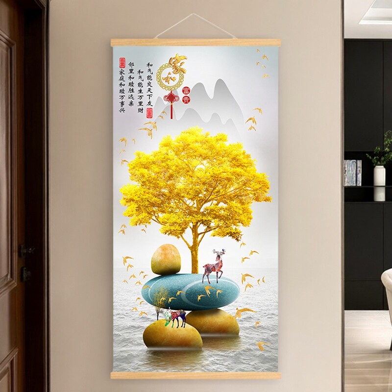 石来运转麋鹿玄关挂画家和一帆风顺新中式入户家居过道客厅装饰画