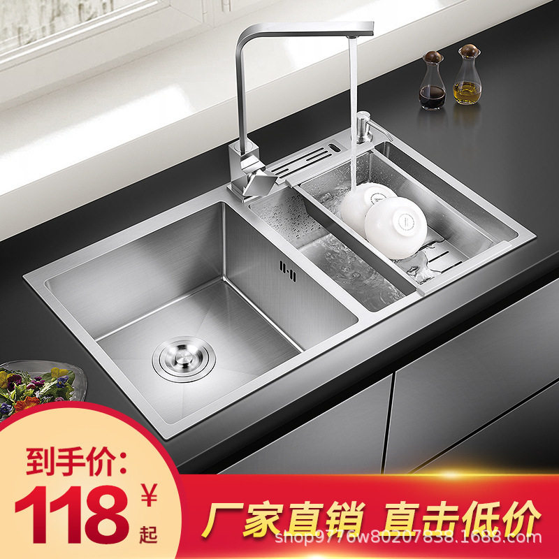 厂家厨房水槽 洗菜盆双槽手工304不锈钢洗菜池水池洗碗槽台下