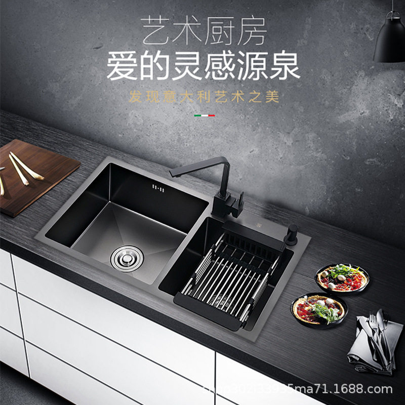 厂家手工水槽双槽黑色纳米抗菌加厚不锈钢厨房洗菜盆水池碗池