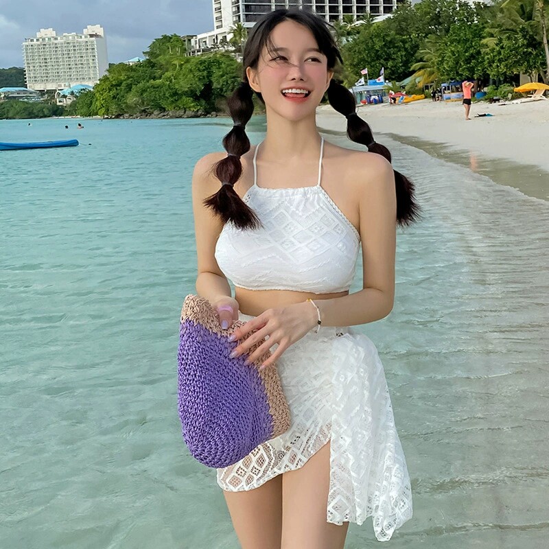 法式甜美风白色蕾丝吊带比基尼女分体泳衣三件套高腰显瘦温泉度假