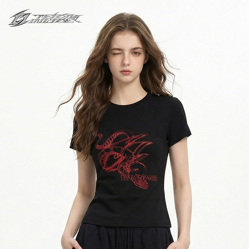 【Ti舞团】新款辣妹烫钻美式潮牌显瘦ins修身印花蛇标正肩短袖T恤