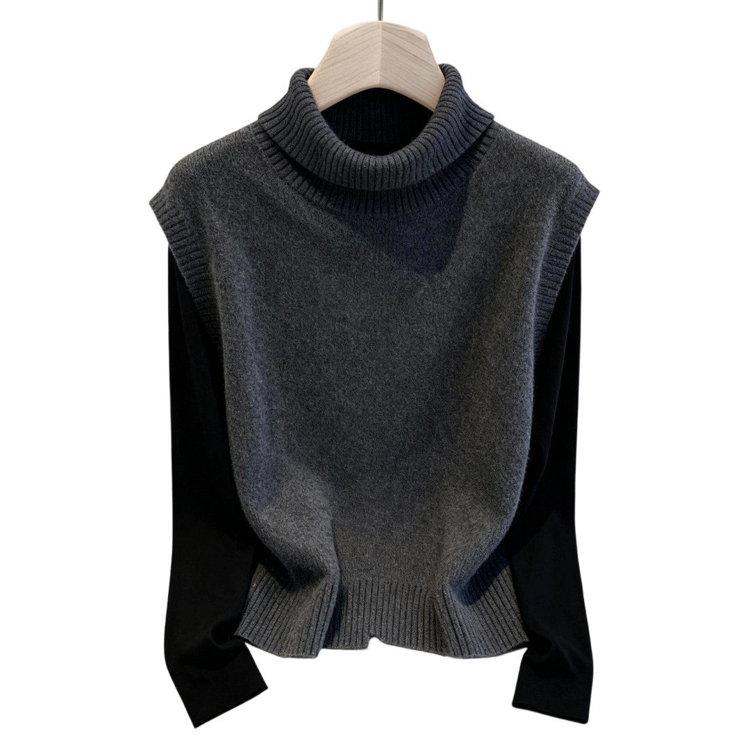 高领针织衫马甲女初冬独特超好看大码胖mm设计感叠穿打底两件套装