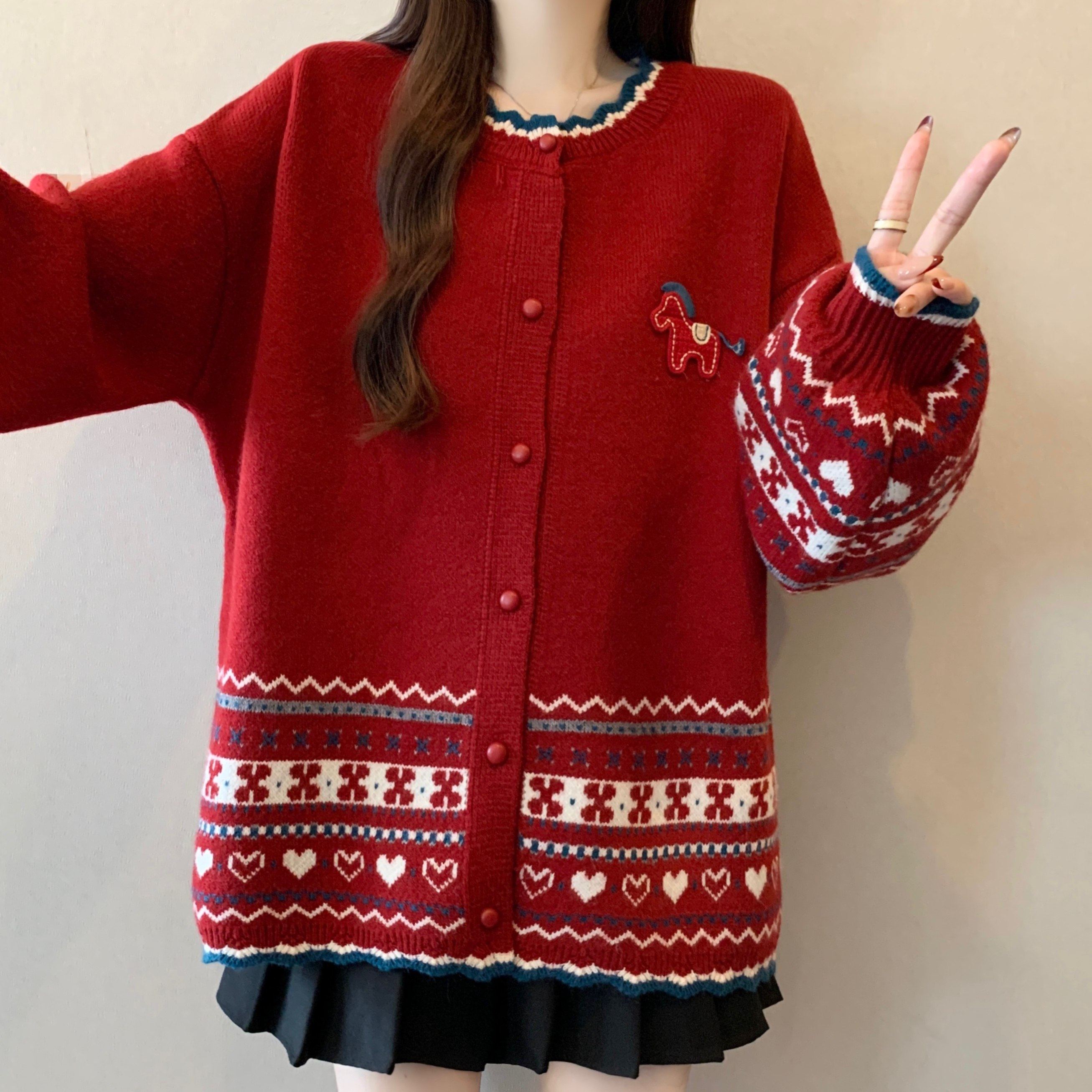 本命年马年红色费尔岛毛衣外套女2026新款冬大码胖mm针织开衫上衣