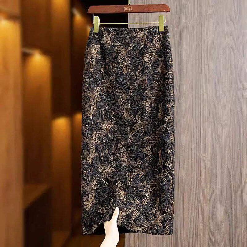 2025新款手工盘花刺绣蕾丝半身裙女法式优雅气质中长裙开叉包臀裙