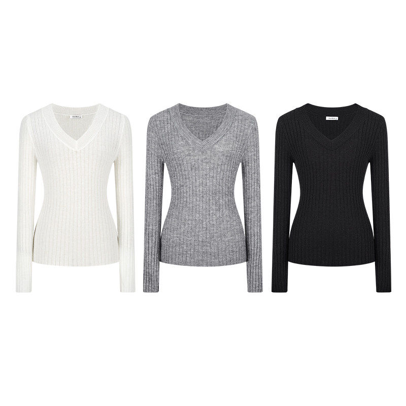 MosesQueen魔西女王灰色V领针织打底衫女春秋冬内搭毛衣长袖上衣