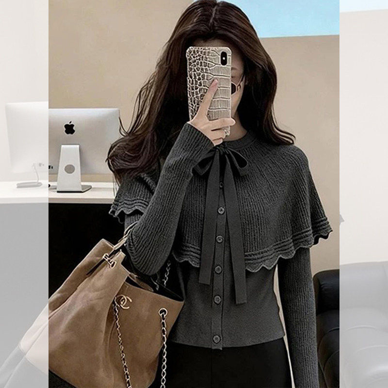 韩系格雷系慵懒高级感气质紫色斗篷蝴蝶结系带针织开衫毛衣女秋冬