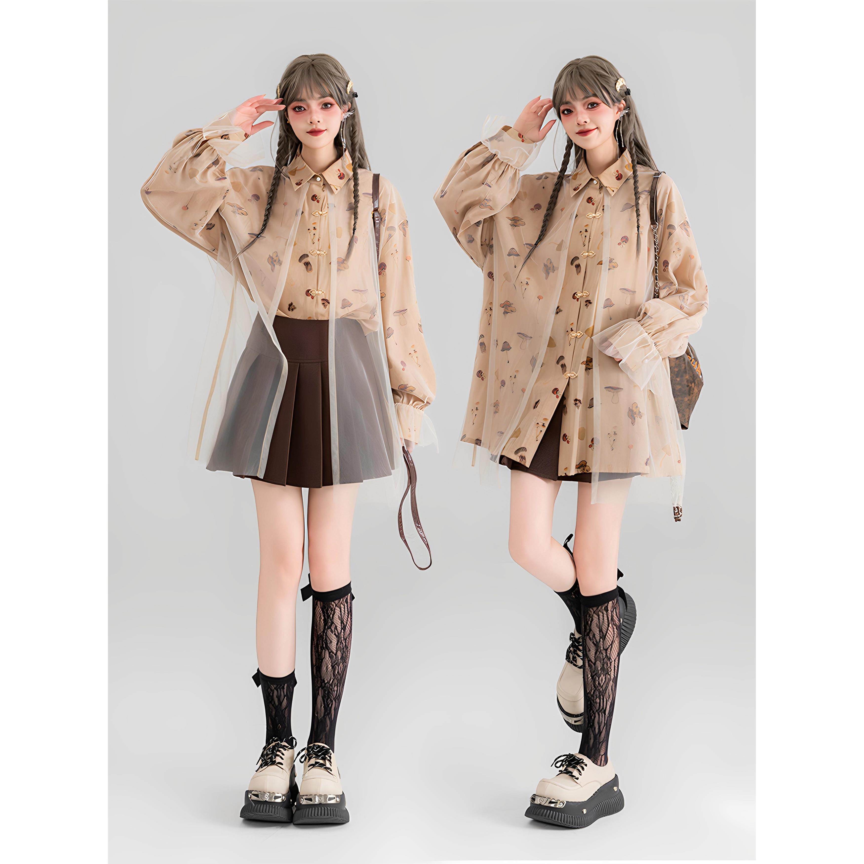 KEIKO 晕染蝴蝶花长袖衬衫女2025秋季气质朦胧轻纱拼接宽松上衣