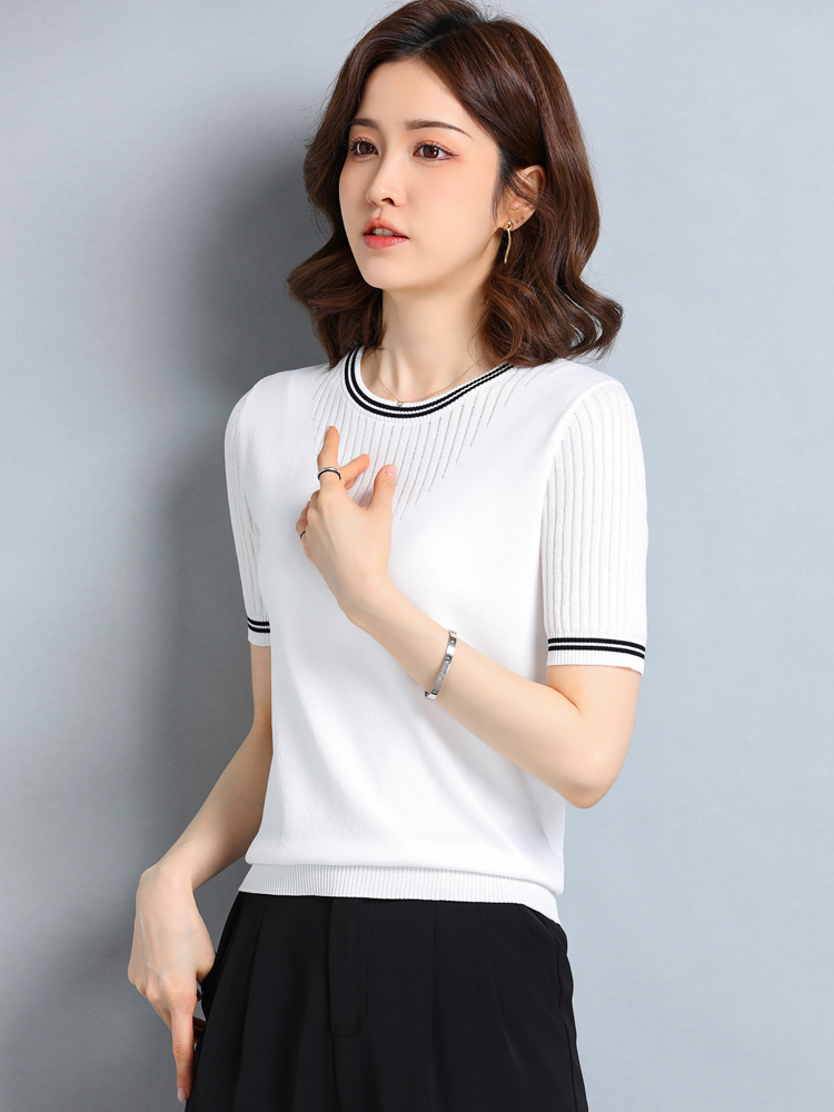 冰丝短袖T恤女妈妈夏装2024年新款夏季白色t桖短款薄款针织衫上衣