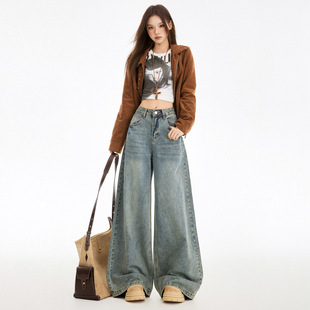 高街美式复古阔腿裤超柔纱软牛仔垂感拖地裤美式阔腿裤