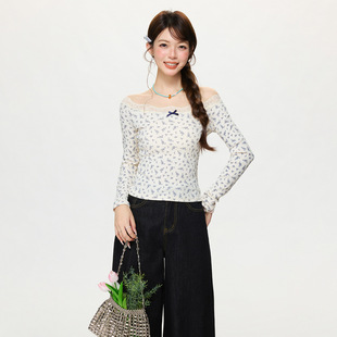 韩版bm风绝美蕾丝花边拼接露一字肩长袖女2026春季内搭打底衫上衣