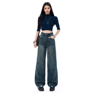 满天星闪钻 春季新款美式复古直筒阔腿牛仔裤女宽松高腰显瘦