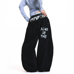 外贸跨境复古嘻哈韩系拼接字母印花双腰头牛仔裤女冬爵士舞弯刀裤