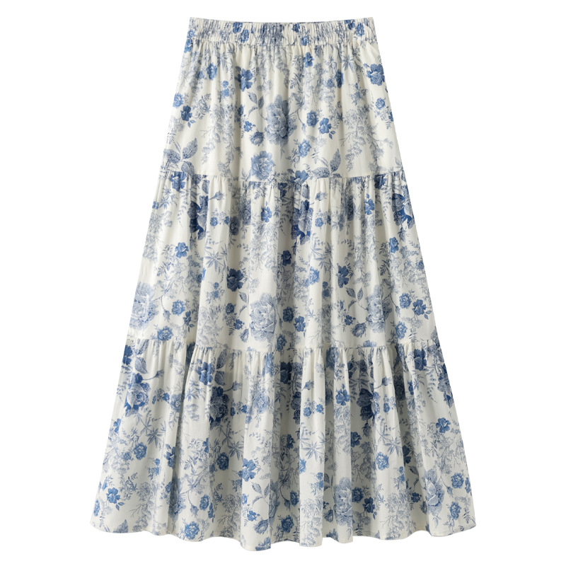 城市衣柜费依女装思慕缇村上春蓝色碎花A字半身裙女2025新款秋季