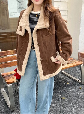 YILIA冬日摩卡 机车风立领仿皮毛一体保暖外套