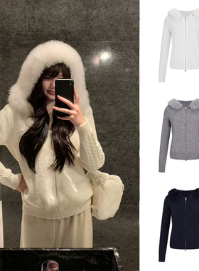 YILIA高级氛围感白色毛领连帽长袖百搭显瘦毛衣