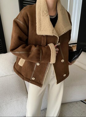 YILIA巴恩风复古立领仿皮毛一体颗粒绒保暖夹克外套