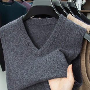 春竹冬季100%羊绒男士背心纯色宽松中年爸爸加厚马甲针织羊毛衫男
