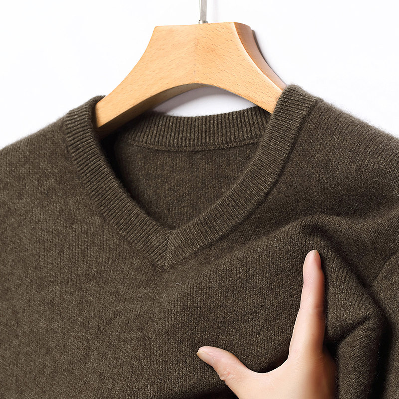 春竹100%纯羊毛男V领毛衣冬季中老年加厚鸡心领爸爸装针织打底衫