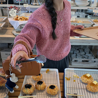 areUshop树莓粉圆领杂色毛衣