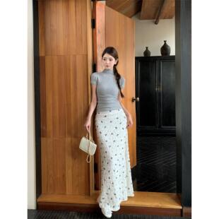 1ess mode韩系度假风蝴蝶结印花蕾丝碎花鱼尾半身裙纯欲长裙夏