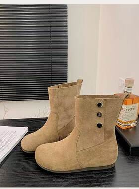 青岛福客来女鞋源头工厂小众绒面简约设计感勃肯靴子毛毛复古扣子