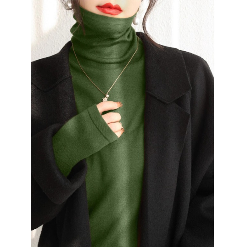 韩国绿色高领针织打底衫女2025新款慵懒修身高领毛衣内搭上衣~
