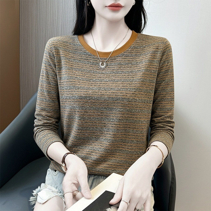 韩国雪花棉条纹长袖T恤女秋季新款显瘦圆领撞色减龄高级感打底衫