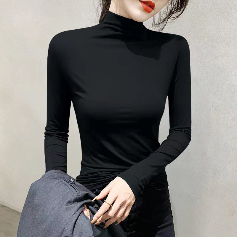 韩国莫代尔黑色半高领打底衫女春秋内搭修身长袖T恤中领薄款百搭