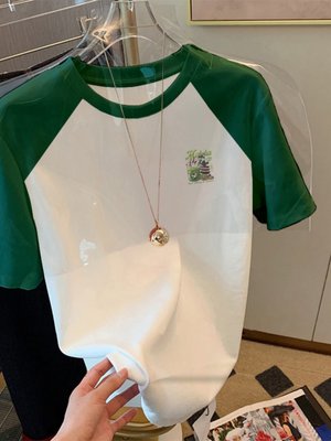 韩国复古绿色撞恤女短袖