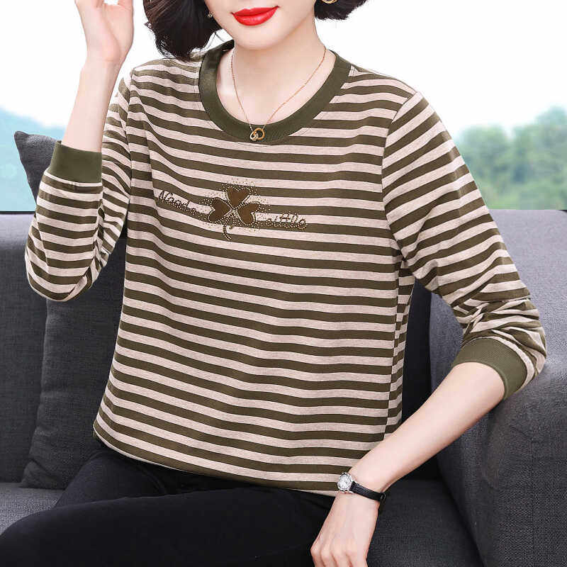 韩国条纹长袖t恤女2025春装新款秋衣百搭上衣中老年人妈妈打底衫