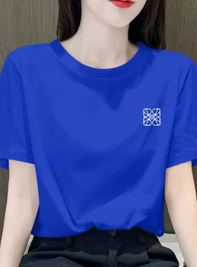 韩国蓝色短袖t恤女2026春夏季新款圆领纯棉宽松正肩半袖美式上衣.