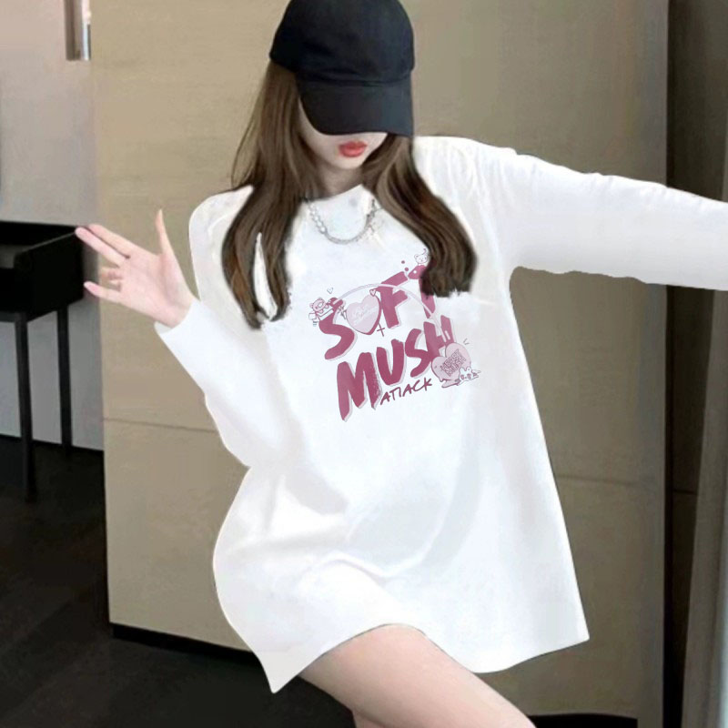 韩国纯棉白色长袖中长款t恤女2025秋季新款圆领宽松休闲洋气印花~