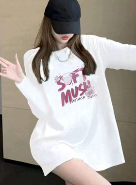 韩国纯棉白色长袖中长款t恤女2025秋季新款圆领宽松休闲洋气印花~