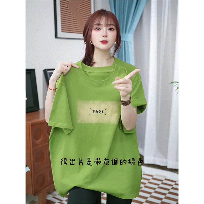 韩国时髦减龄洋气绿色印花圆领短袖t恤女夏季新款重磅宽松上衣